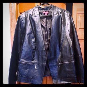 Genuine leather plus size open front jacket